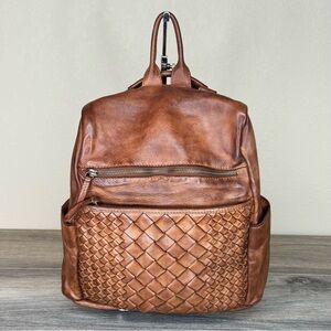 Woven Brown Genuine Leather Boho Backpack/ Crossbody Multiple Compartments